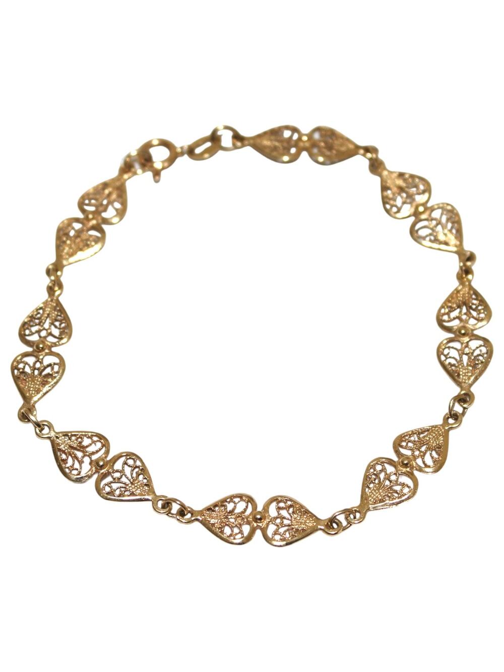 Solid 14K Solid Gold Heart Motif Filagree Bracelet 7” Long